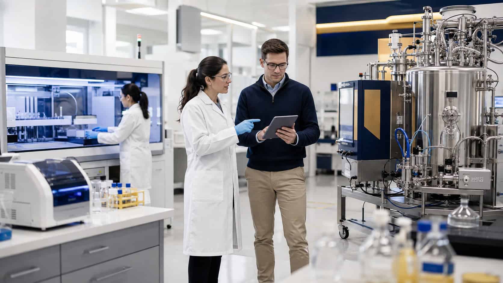 Biotech lab team reviewing equipment financing details next to a bioprocessing tank and lab automation systems