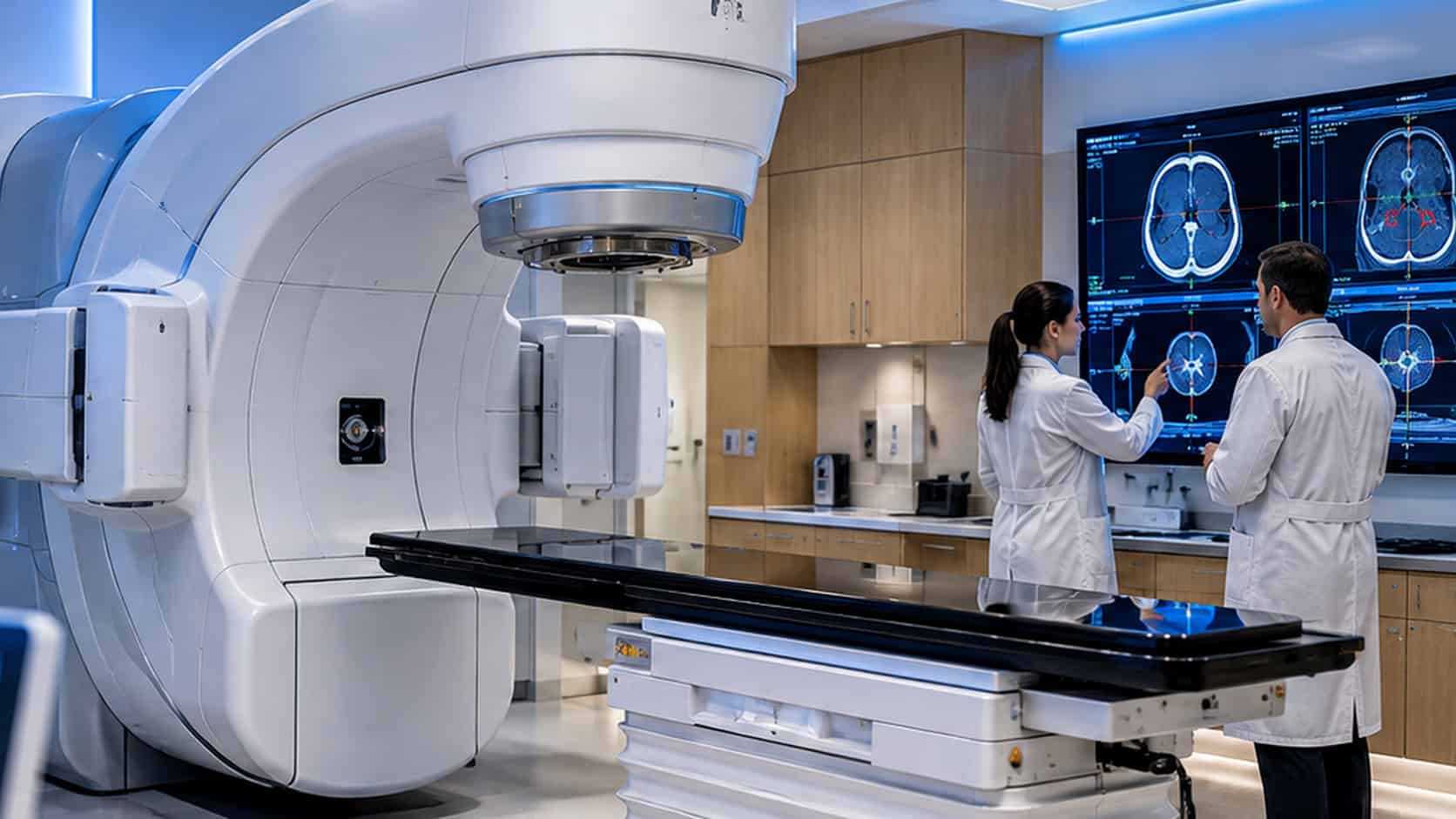 Clinical team reviewing imaging scans beside a linear accelerator radiation therapy system in a treatment room