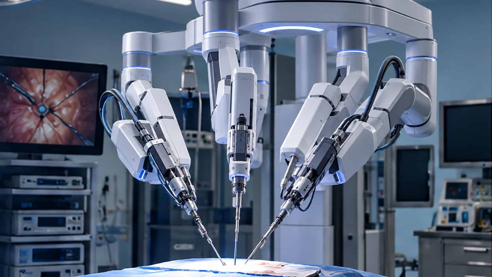 Robotic surgery system arms positioned over a patient during a minimally invasive procedure in an operating room